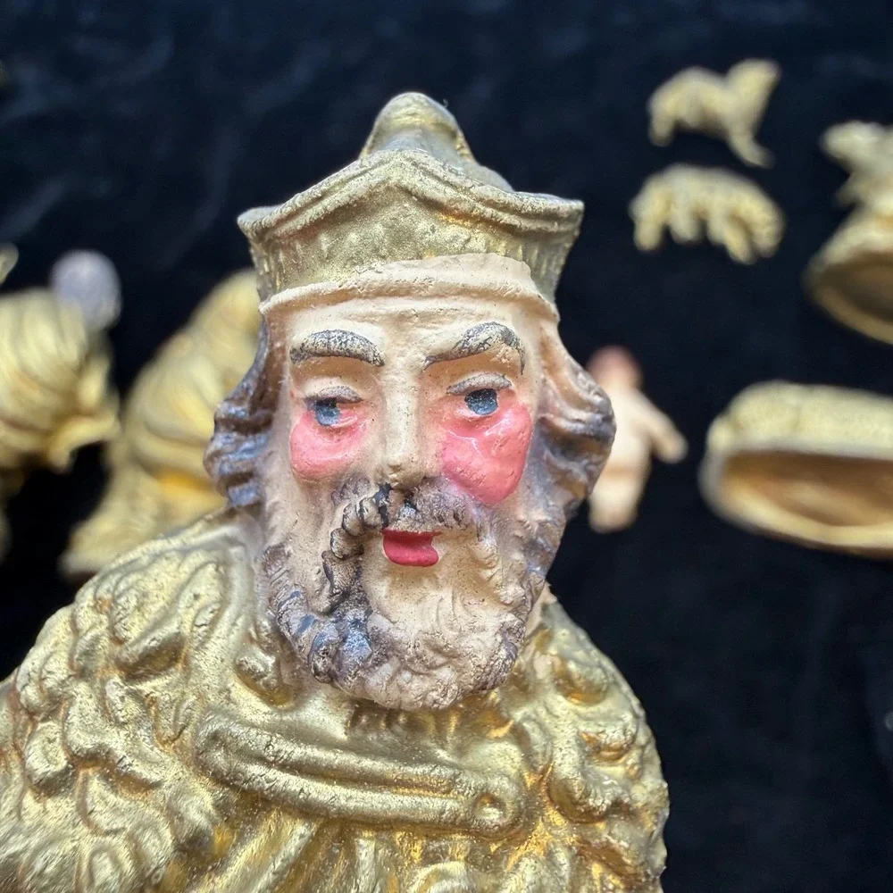 Vintage Gold Nativity Set 11 Piece Made in Italy hand painted Christmas MCM art